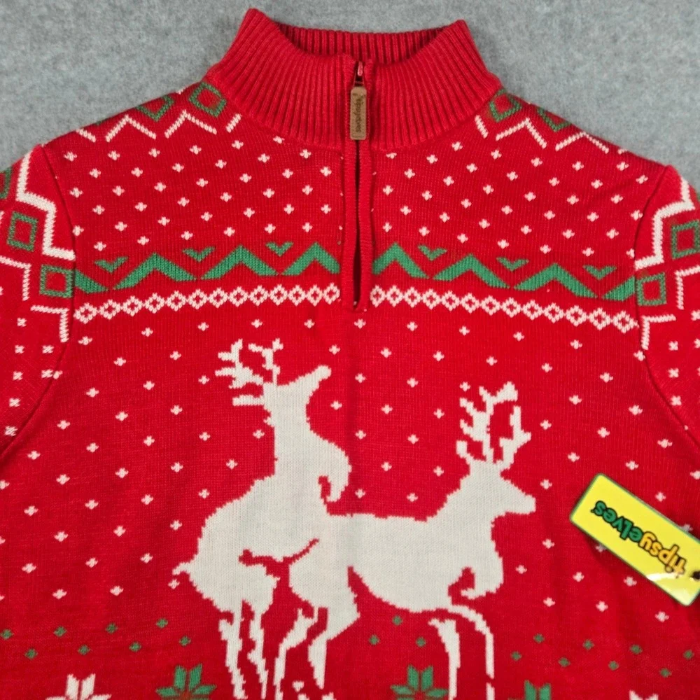 Tipsy Elves Mens Red Reindeer Fair Isle Quarter Zip Christmas Sweater Large NWT